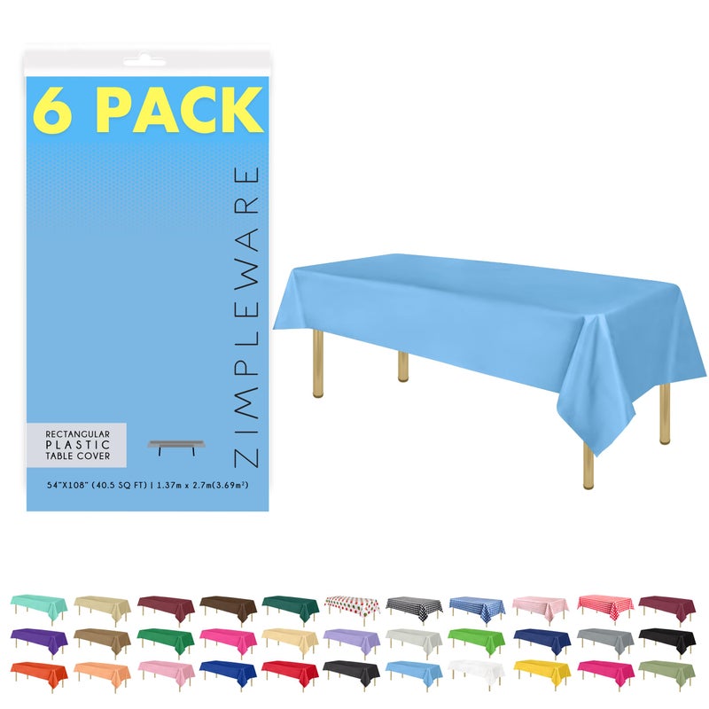 ZIMPLEWARE Premium Sky Blue Plastic Table Cloth Disposable (6 Pk) Plastic Tablecloths for Rectangle Tables (54in x 108in) Party Table Cloths Disposable for 6ft to 8ft Rectangle Tables - Image 1